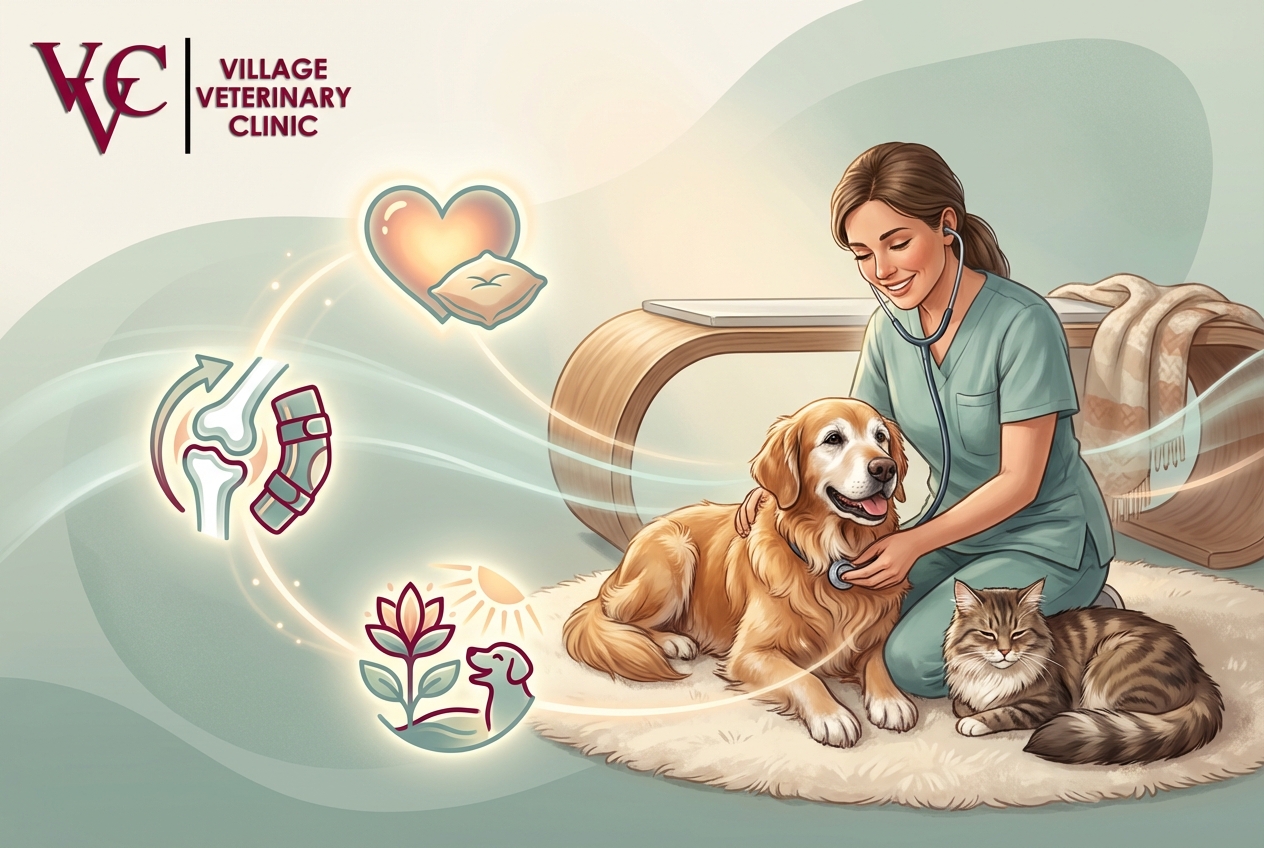 Senior pet care exam at Village Veterinary Clinic in Houston, TX